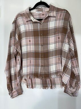 Lucky Brand Pink & Brown Plaid Fringe Button-Up